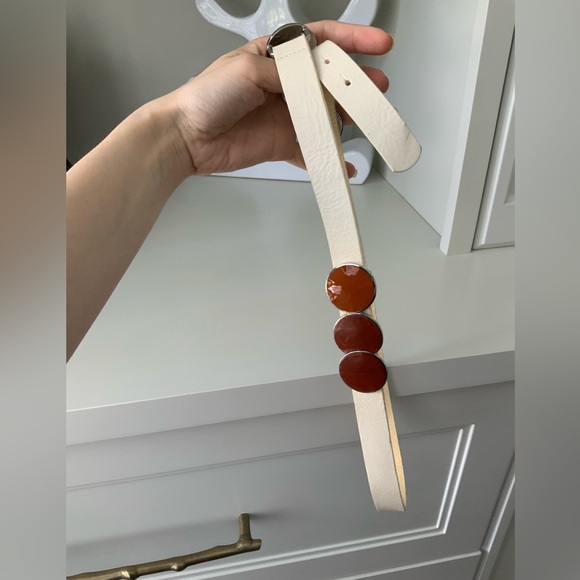 DOROTHEE SCHUMACHER FARFETCH Pebbled Cream Leather Brown Metal Disc Belt Size 85 - Picture 14 of 16